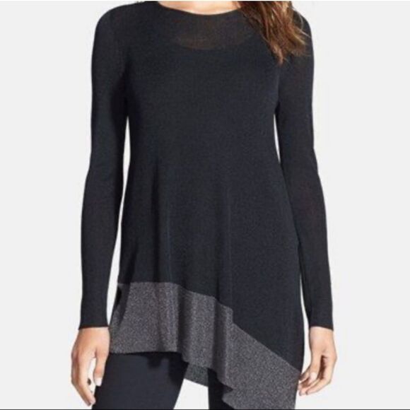 New Eileen Fisher black asymmetrical long sleeve round neck tunic top - Picture 1 of 6